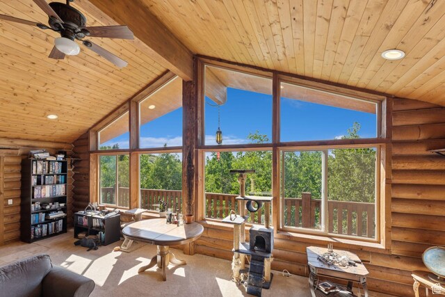 1973 W Modoc Loop, Coalville, UT 84017 - living room featuring log walls, wooden ceiling, ceiling fan, and recessed lighting