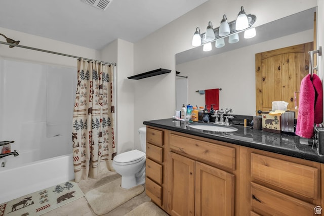 1973 W Modoc Loop, Coalville, UT 84017 - bathroom featuring visible vents, toilet, shower / bath combo with shower curtain, vanity, and tile patterned floors
