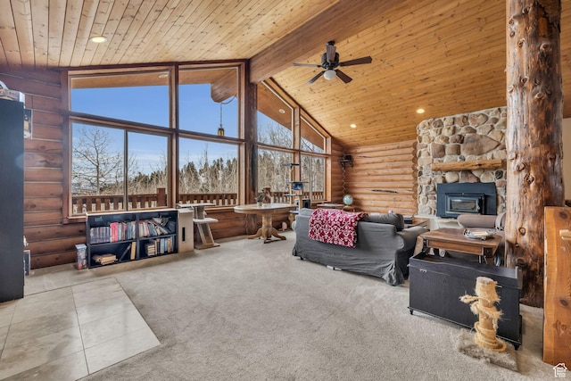 1973 W Modoc Loop, Coalville, UT 84017 - living room featuring wood ceiling, log walls, carpet floors, high vaulted ceiling, and beam ceiling