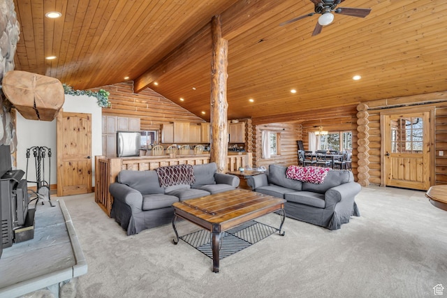 1973 W Modoc Loop, Coalville, UT 84017 - living area featuring wood ceiling, recessed lighting, high vaulted ceiling, and light colored carpet