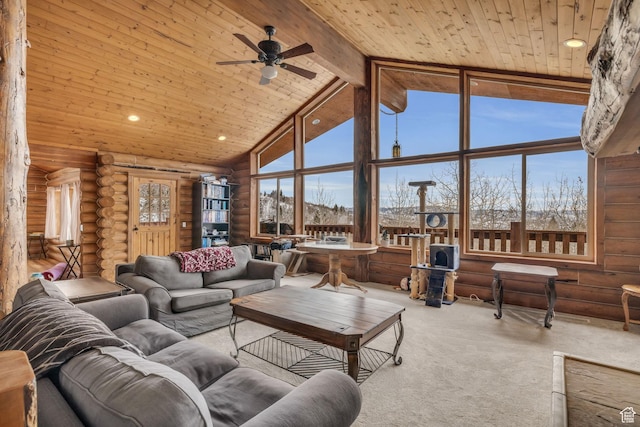 1973 W Modoc Loop, Coalville, UT 84017 - carpeted living area with high vaulted ceiling, wooden ceiling, recessed lighting, log walls, and beam ceiling