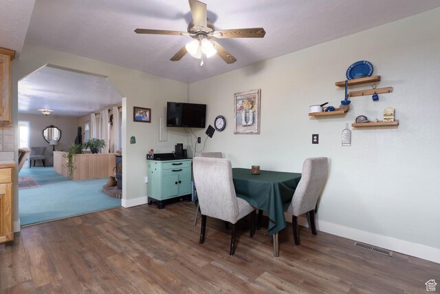 86 E 1000 S, Panguitch, UT 84759 - dining area with dark wood-style floors, a ceiling fan, visible vents, and baseboards