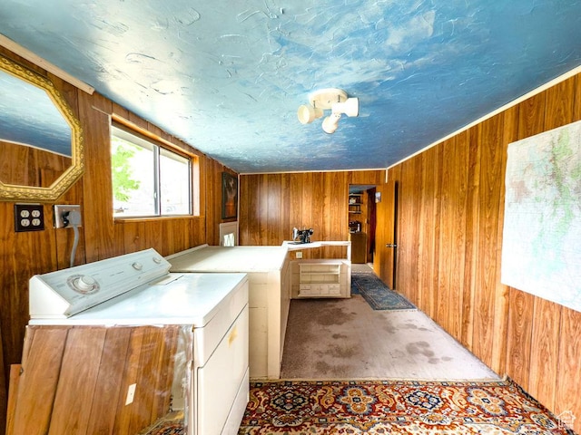 138 W 100 N, East Carbon, UT 84520 - washroom with washing machine and clothes dryer, wooden walls, and carpet
