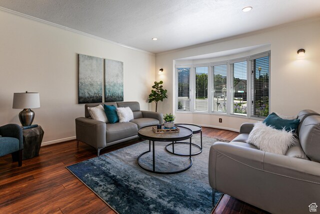 1963 E Rio Way E, Sandy, UT 84093 - living room featuring crown molding, wood finished floors, recessed lighting, baseboards, and a textured ceiling