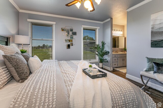 1963 E Rio Way E, Sandy, UT 84093 - bedroom featuring wood finished floors, baseboards, ornamental molding, ensuite bathroom, and ceiling fan