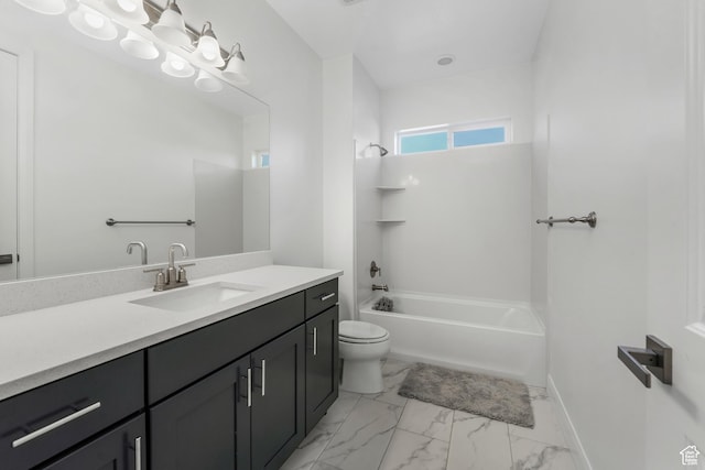 full bath with toilet, marble finish floor, baseboards, bathtub / shower combination, and vanity