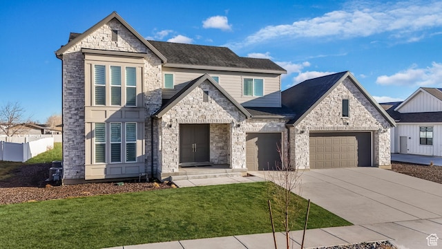 view of front of home with a front lawn, fence, driveway, and a shingled roof