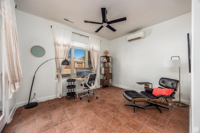 340 N Snow Canyon Dr Unit 4, Ivins, UT 84738 - home office with visible vents, an AC wall unit, light tile patterned flooring, ceiling fan, and baseboards