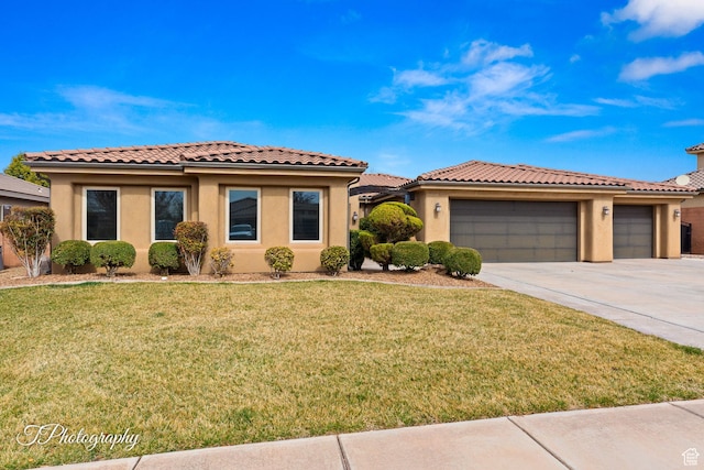 view of front facade featuring driveway, stucco siding, a tile roof, an attached garage, and a front yard