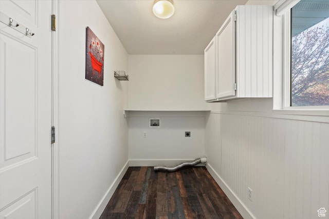 laundry room featuring electric dryer hookup, cabinet space, baseboards, dark wood-style floors, and washer hookup