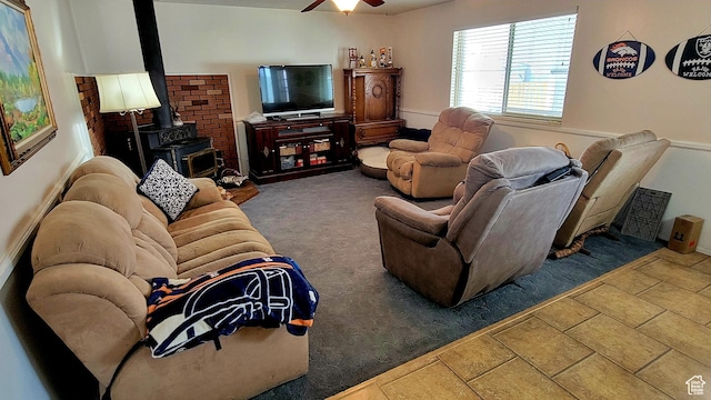 4142 S 3425 W, West Valley City, UT 84119 - carpeted living area with a wood stove and a ceiling fan