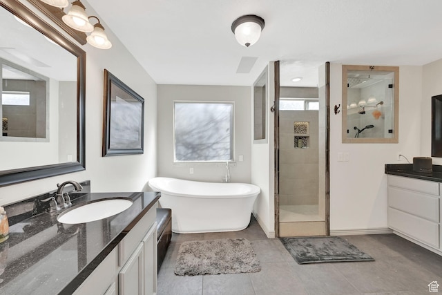 654 E 3225 N, North Ogden, UT 84414 - full bath with baseboards, a sink, a freestanding bath, a shower stall, and two vanities