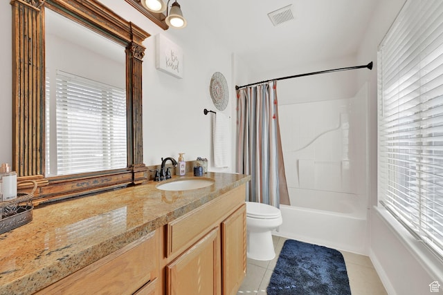 654 E 3225 N, North Ogden, UT 84414 - full bathroom featuring toilet, shower / tub combo, vanity, visible vents, and tile patterned floors