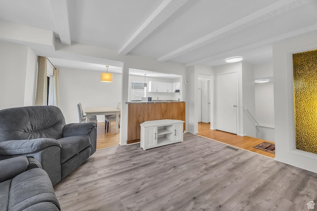 1384 Millcreek Dr Unit 6, Ogden, UT 84404 - living room with light wood finished floors, visible vents, and beamed ceiling