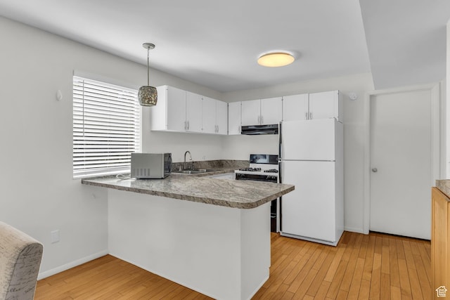 1384 Millcreek Dr Unit 6, Ogden, UT 84404 - kitchen with under cabinet range hood, white appliances, a sink, white cabinetry, and a peninsula