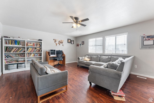 74 E Horizon Ave S, Heber City, UT 84032 - living room featuring visible vents, ceiling fan, baseboards, and wood finished floors