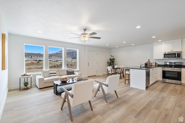living area with light wood-style flooring, baseboards, a textured ceiling, and recessed lighting