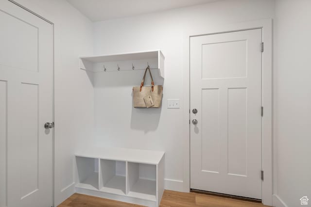 mudroom featuring baseboards and light wood-style floors
