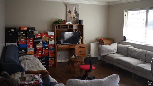 living area featuring ornamental molding and wood finished floors
