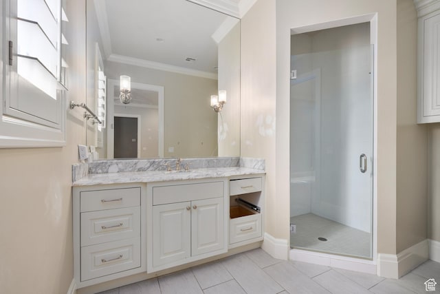 2950 S Old Farm Rd, Washington, UT 84780 - full bathroom featuring baseboards, a stall shower, vanity, and crown molding