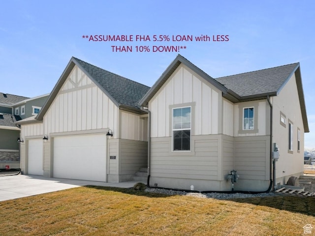 modern farmhouse style home featuring board and batten siding, an attached garage, a front lawn, and concrete driveway