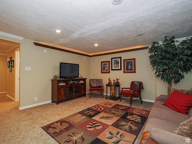 121 E Amber Rd, Saratoga Springs, UT 84045 - living room with ornamental molding, a textured ceiling, carpet flooring, baseboards, and recessed lighting