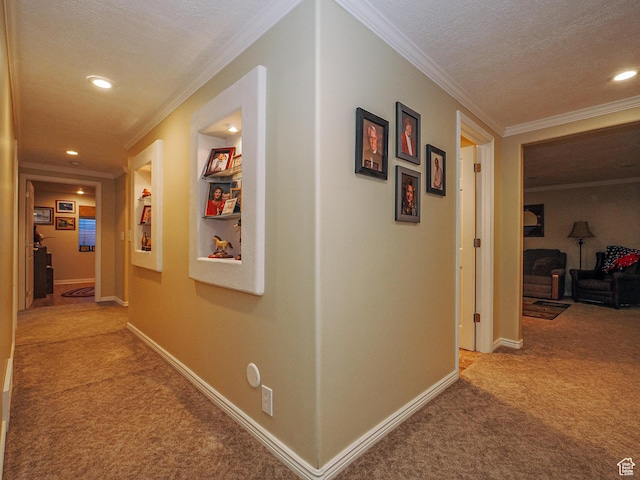 121 E Amber Rd, Saratoga Springs, UT 84045 - hall featuring carpet floors, crown molding, a textured ceiling, recessed lighting, and baseboards