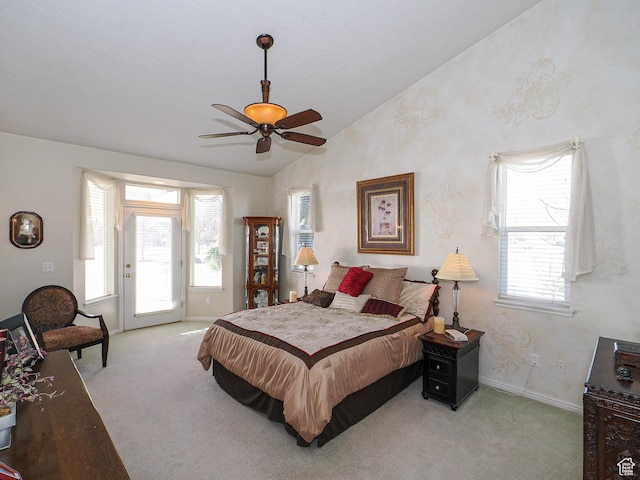 121 E Amber Rd, Saratoga Springs, UT 84045 - bedroom with lofted ceiling, access to exterior, light colored carpet, baseboards, and a ceiling fan