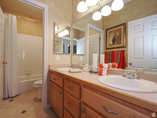 121 E Amber Rd, Saratoga Springs, UT 84045 - bathroom with tile patterned floors, toilet, shower / bathtub combination with curtain, and double vanity