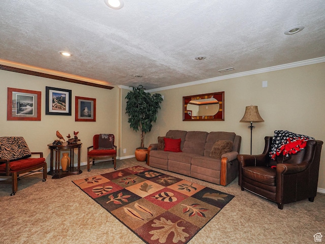 121 E Amber Rd, Saratoga Springs, UT 84045 - living area featuring carpet flooring, crown molding, recessed lighting, baseboards, and a textured ceiling
