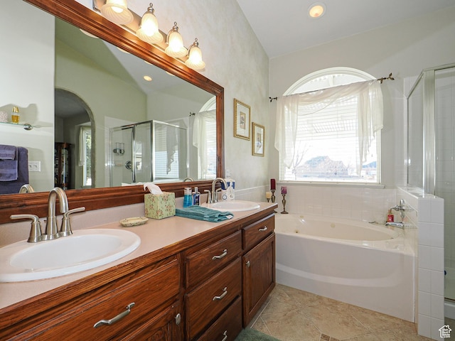 121 E Amber Rd, Saratoga Springs, UT 84045 - full bath with a shower stall, a bath, double vanity, and tile patterned flooring
