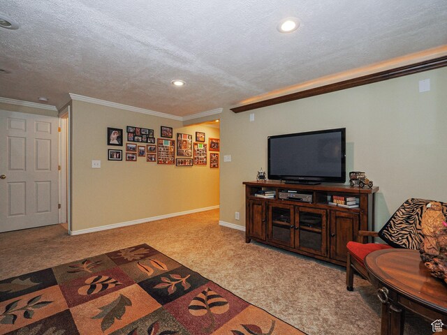 121 E Amber Rd, Saratoga Springs, UT 84045 - carpeted living area featuring crown molding, recessed lighting, a textured ceiling, and baseboards
