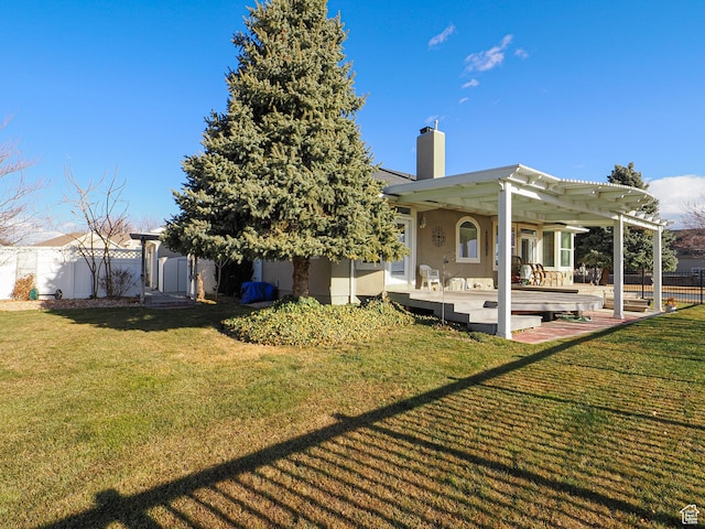 121 E Amber Rd, Saratoga Springs, UT 84045 - rear view of house featuring a chimney, a pergola, a patio, and stucco siding