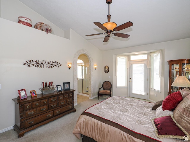 121 E Amber Rd, Saratoga Springs, UT 84045 - bedroom featuring vaulted ceiling, carpet floors, baseboards, a ceiling fan, and arched walkways