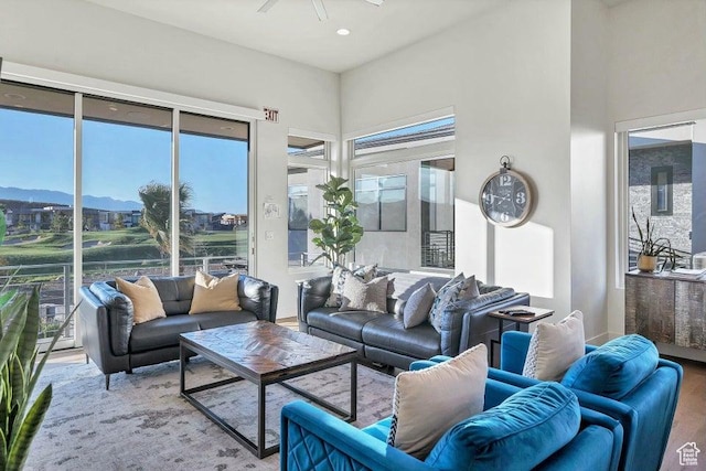 1478 W Torrey Rd, Hurricane, UT 84737 - living area featuring a ceiling fan, recessed lighting, a mountain view, and wood finished floors