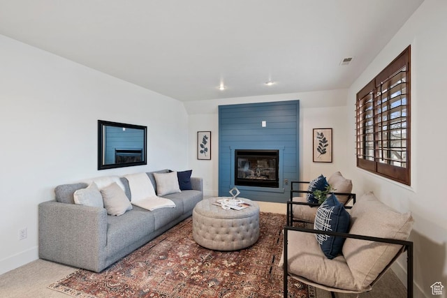 9971 S Dunsinane Dr W, South Jordan, UT 84009 - living area featuring carpet, a fireplace, visible vents, and baseboards
