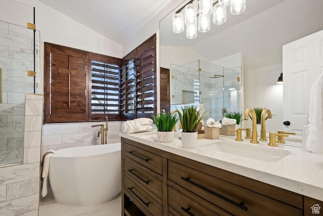 9971 S Dunsinane Dr W, South Jordan, UT 84009 - full bath featuring a stall shower, lofted ceiling, a soaking tub, and vanity