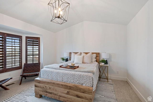 9971 S Dunsinane Dr W, South Jordan, UT 84009 - bedroom with carpet, lofted ceiling, visible vents, an inviting chandelier, and baseboards
