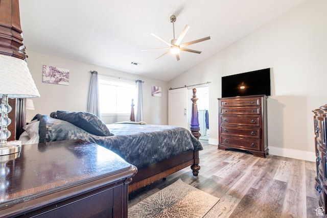 1027 S 920 W, Hurricane, UT 84737 - bedroom with lofted ceiling, visible vents, a ceiling fan, light wood-type flooring, and baseboards