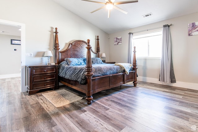 1027 S 920 W, Hurricane, UT 84737 - bedroom featuring baseboards, visible vents, lofted ceiling, ceiling fan, and wood finished floors