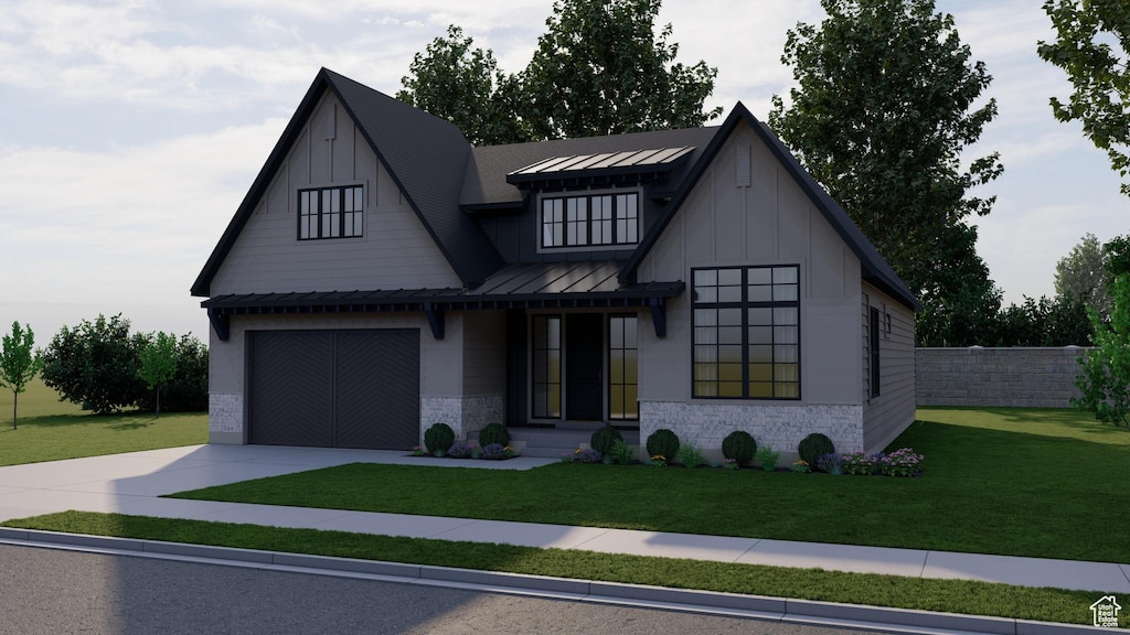1038 N 350 E, American Fork, UT 84003 - modern inspired farmhouse with driveway, stone siding, a standing seam roof, and a front yard