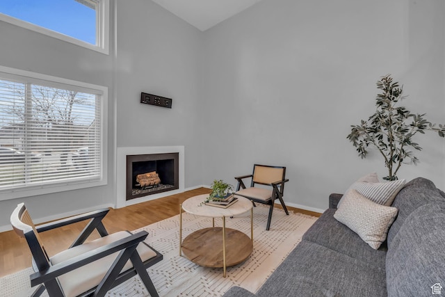 living room with a fireplace, wood finished floors, a towering ceiling, and baseboards