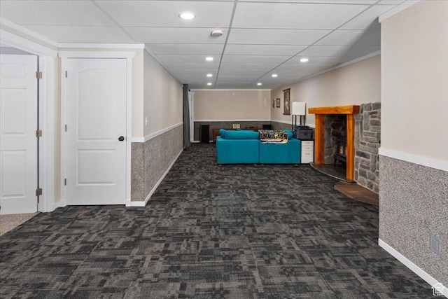 550 N 200 E, Wellsville, UT 84339 - interior space featuring a fireplace, carpet, recessed lighting, and wainscoting