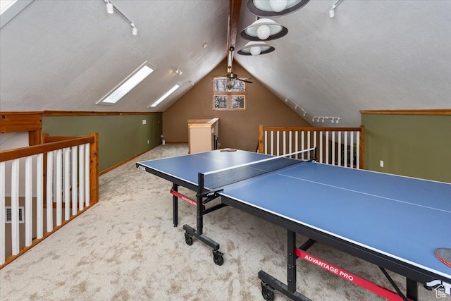 550 N 200 E, Wellsville, UT 84339 - game room featuring lofted ceiling with skylight, carpet flooring, and rail lighting