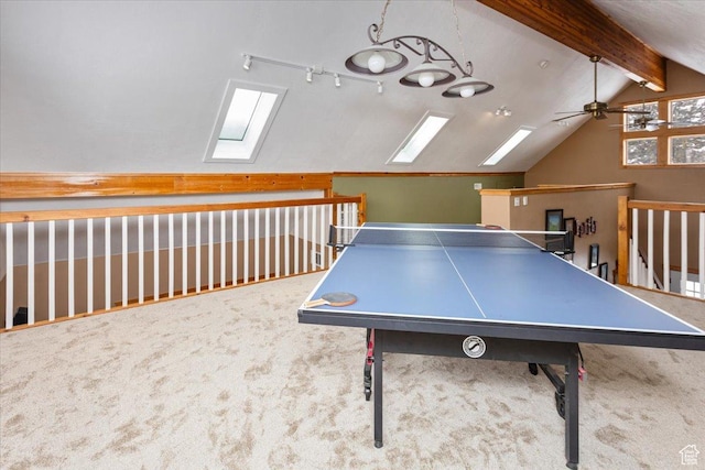 550 N 200 E, Wellsville, UT 84339 - playroom with a ceiling fan, vaulted ceiling with skylight, and carpet floors