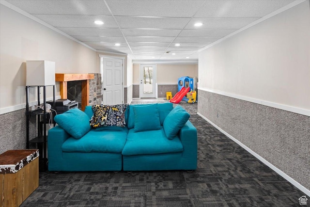 550 N 200 E, Wellsville, UT 84339 - living room featuring recessed lighting, a wainscoted wall, crown molding, and carpet