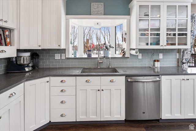 550 N 200 E, Wellsville, UT 84339 - kitchen featuring a sink, decorative backsplash, glass insert cabinets, dishwasher, and white cabinets