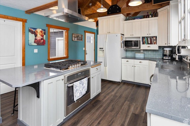 550 N 200 E, Wellsville, UT 84339 - kitchen featuring a sink, stainless steel appliances, beam ceiling, dark wood-type flooring, and island exhaust hood