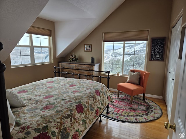 bedroom featuring lofted ceiling, multiple windows, baseboards, and wood finished floors
