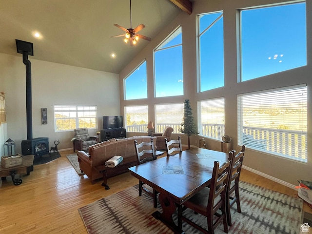 dining space with a wood stove, high vaulted ceiling, wood finished floors, and beamed ceiling